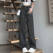 Womens Vintage Wide Leg Jeans High Waist Denim Pants Black Grey Blue