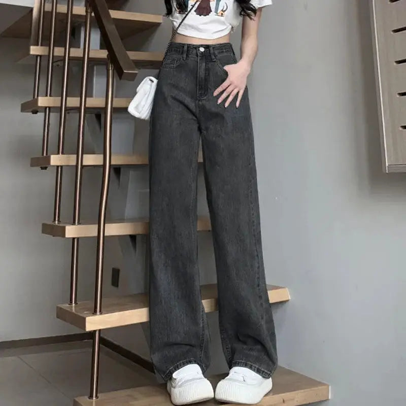 Womens Vintage Wide Leg Jeans High Waist Denim Pants Black Grey Blue
