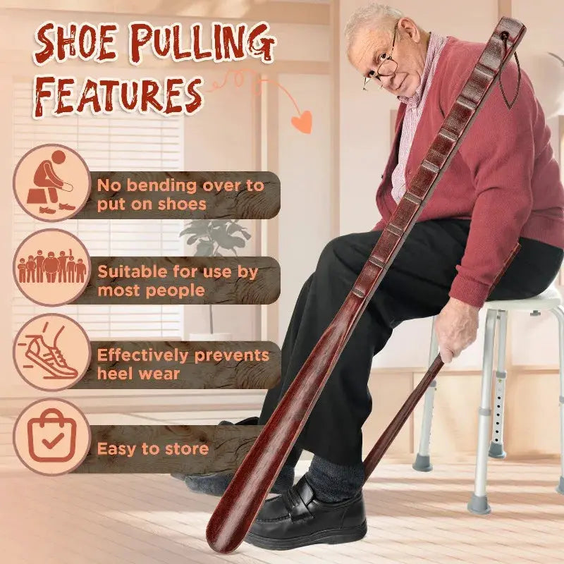 Simples Market shoe lifter solid beech wood long-handle shoe horn, non-slip for seniors