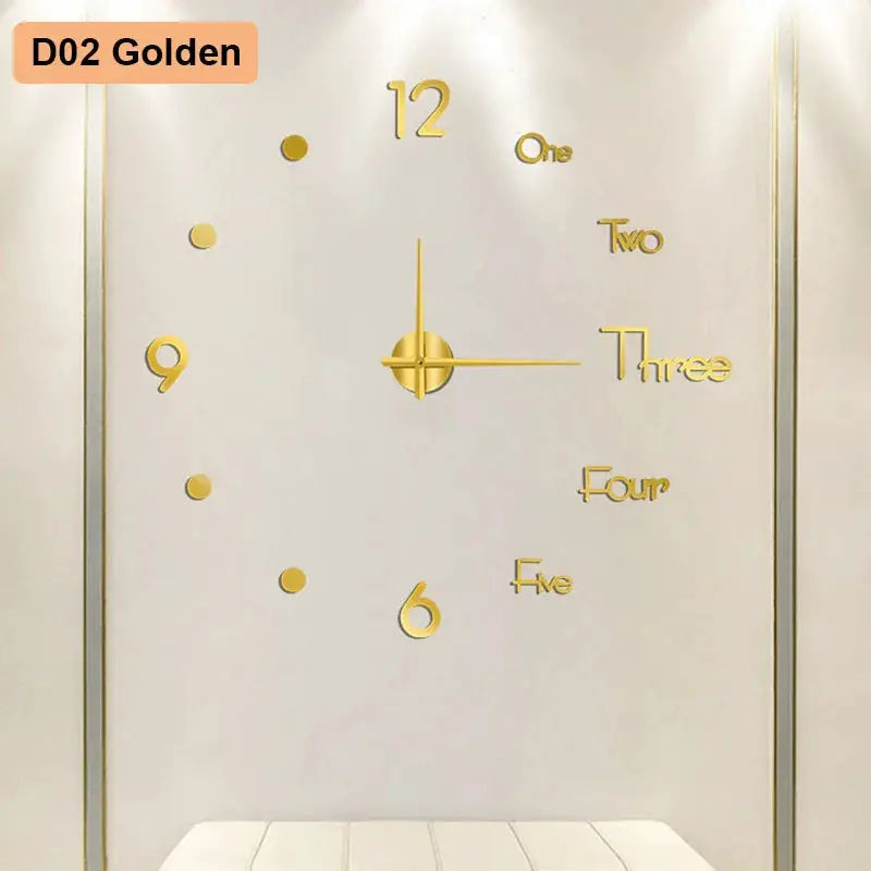 Large 3D golden number wall clock poster, 90–120cm, soundless DIY wall decor for living room