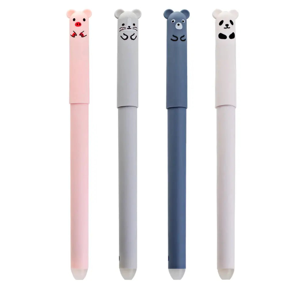 4-pack animal erasable gel pens with pig, cat, bear, panda toppers, 0.5mm
