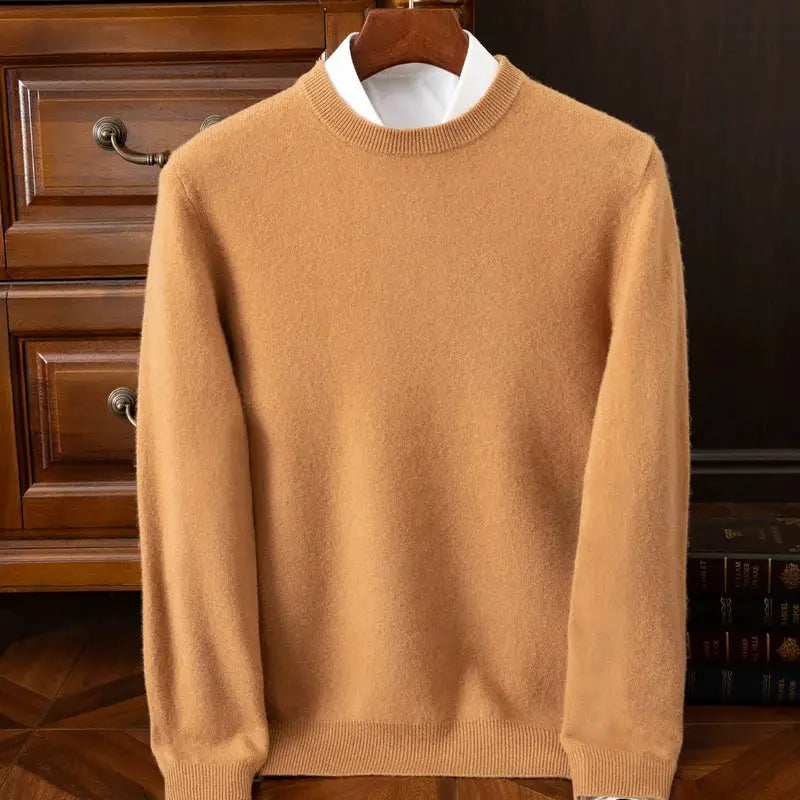 Men's camel beige cashmere O-neck sweater, oversized knitted pullover on hanger