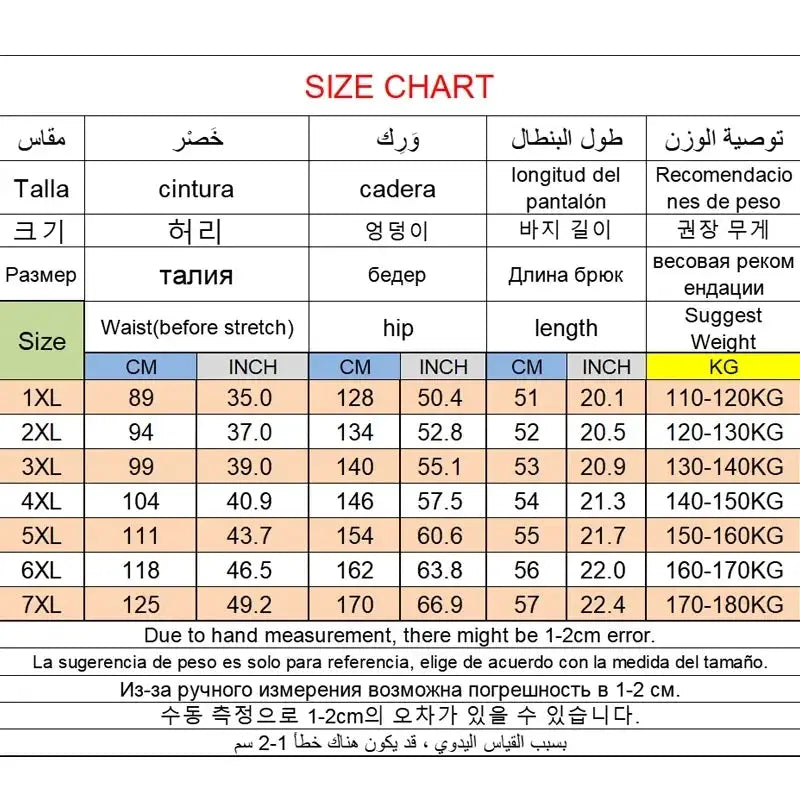 Men Plus Size Casual Shorts size chart by Simples Market; waist, hip and length measurements for 1XL-7XL