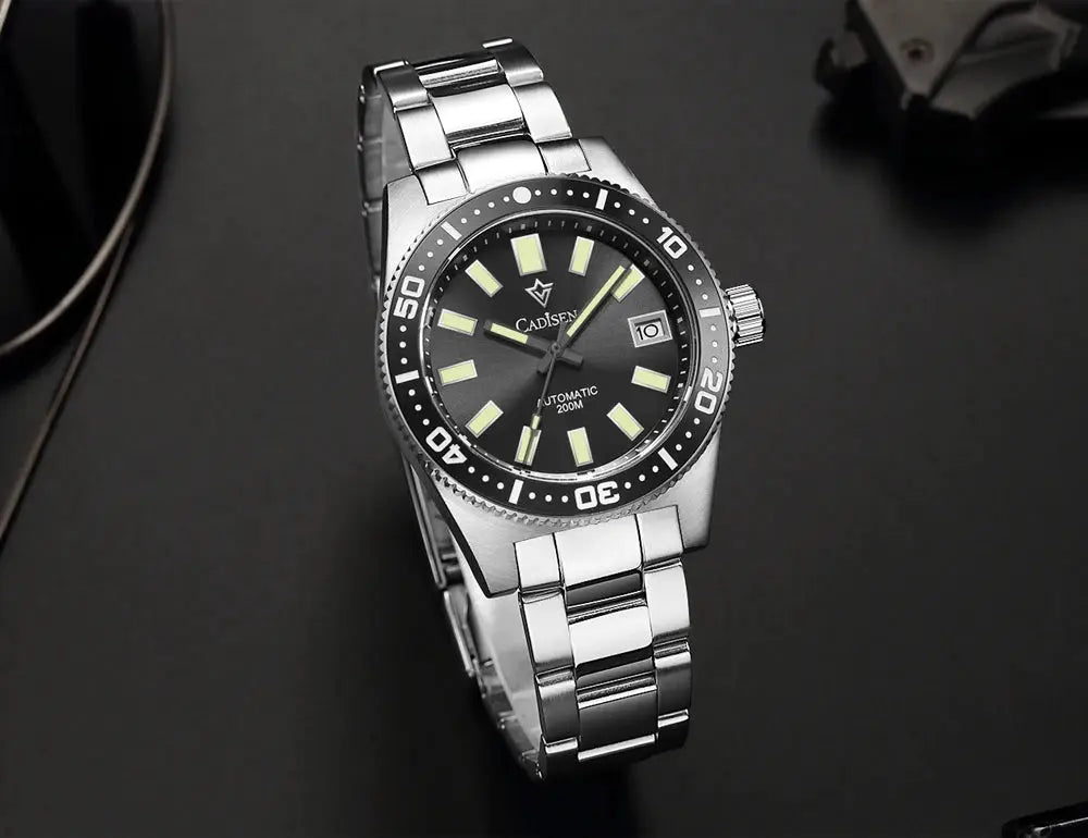 CADISEN 38mm diver automatic men's watch with stainless steel bracelet, black dial, luminous markers, date window
