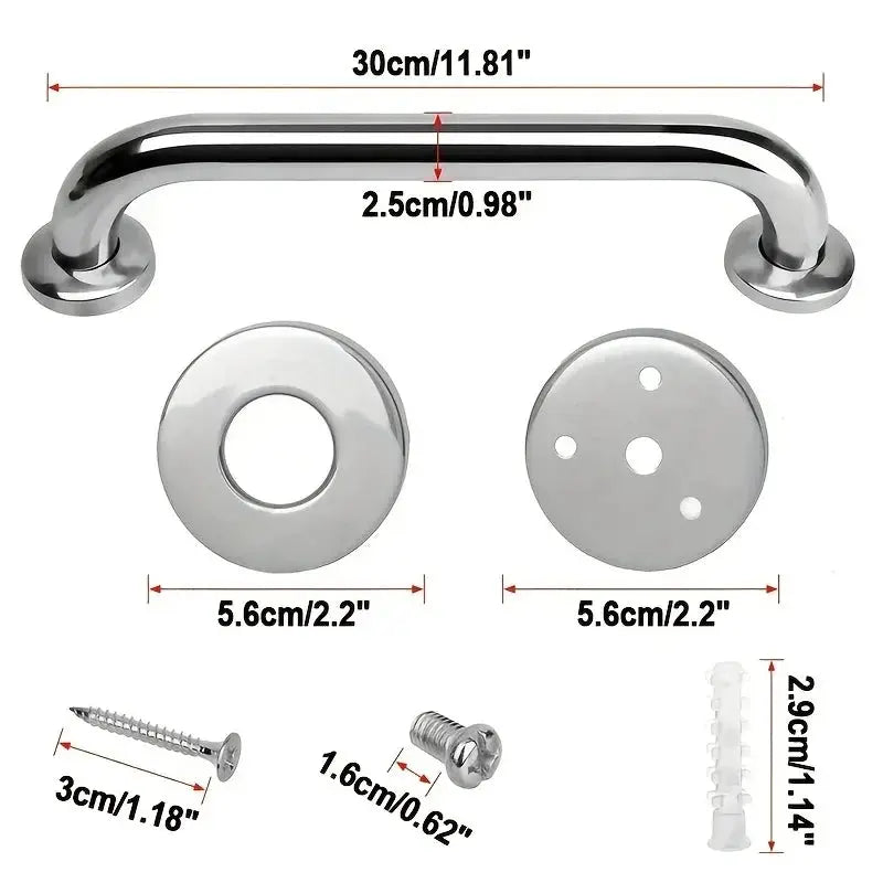 Simples Market 304 stainless steel bathroom grab bar set with two circular mounting plates and screws, 30cm