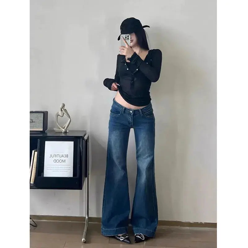 Lucyever Y2K Streetwear Low Waisted Jeans Women Wide Leg Denim Flares