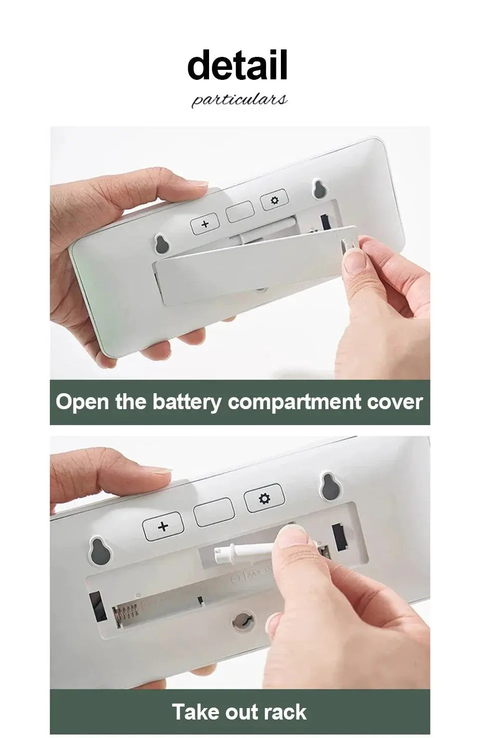 Simples Market LCD digital wall clock, white plastic, battery powered; back view with open battery compartment.