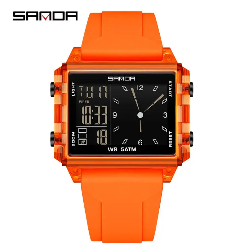 SAMOA SANDA 6273 square dual-time wristwatch with orange square case and digital and analog displays
