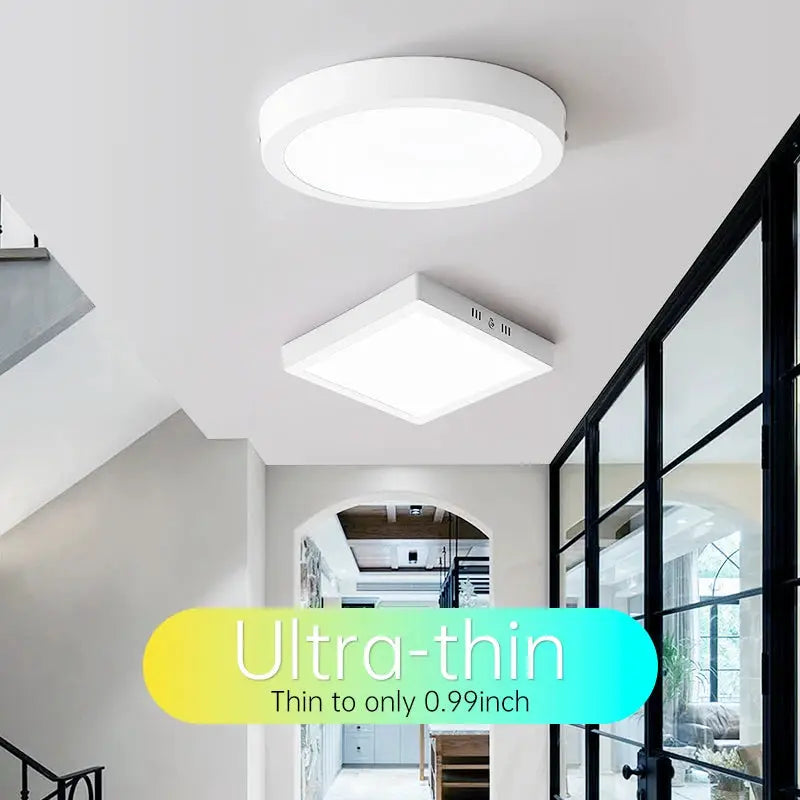 Two ultra-thin white LED ceiling lights: round and square panel fixtures, 110–265V, 20W/30W
