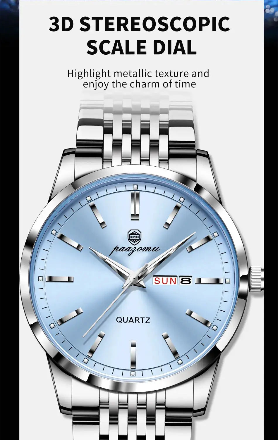 PAAZOMU luxury men's watch, stainless steel bracelet, blue dial, day-date display, quartz, waterproof