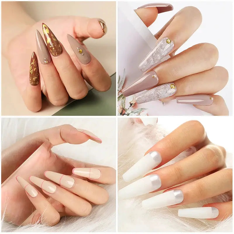 Gel nail polish kit by Simples Market collage of four manicures in taupe, pink, marble brown, and white-silver finishes