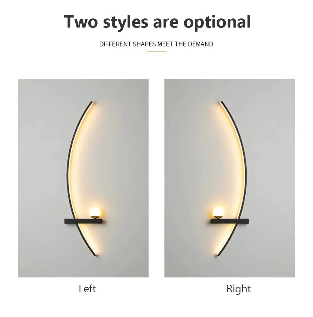LED wall lamp black curved arc with warm LED glow; two styles shown (left and right).