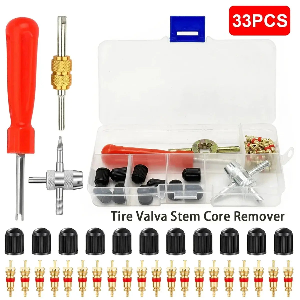 Tire valve core remover kit by Simples Market; red-handled tool, brass core installer, 33 pieces with caps in case.