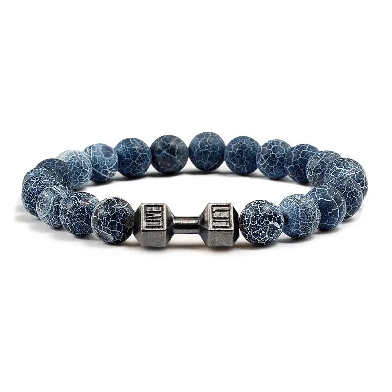 Natural Volcanic Stone Bracelet For Men And Women Matte Black Lava White Beads Dumbbell Charm Strand Fitness Jewelry