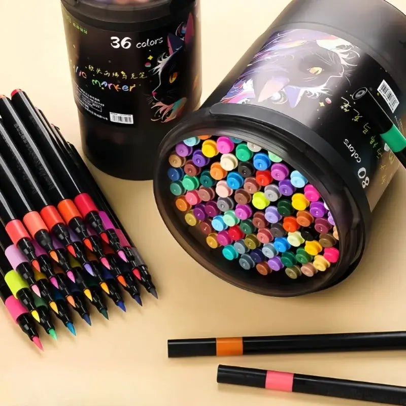 Simples Market bucket-cap soft-head acrylic marker set, 36 colors in a round jar.