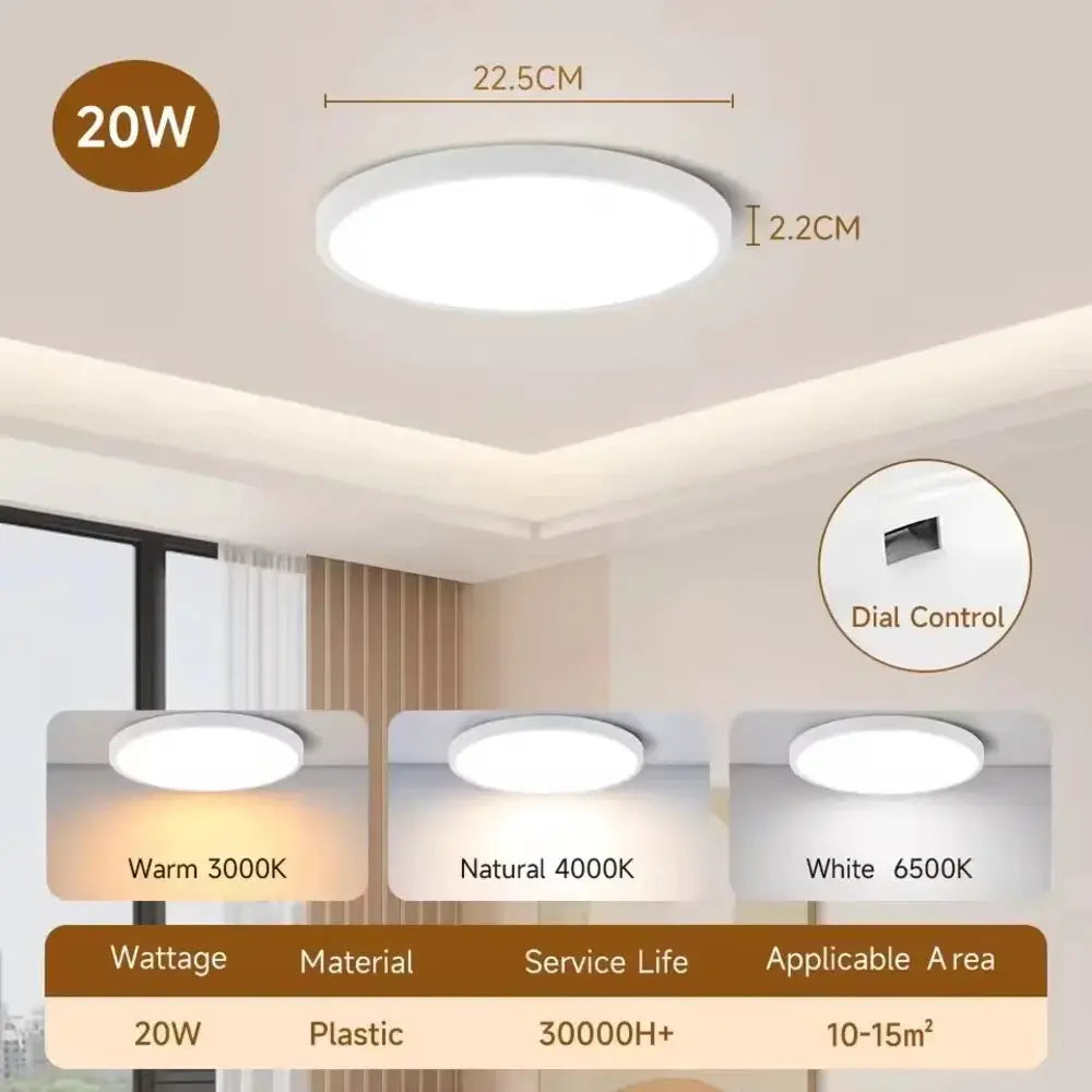 Simples Market LED ceiling lamp, 20W ultra-thin circular ceiling light with dial control; 3000K/4000K/6500K