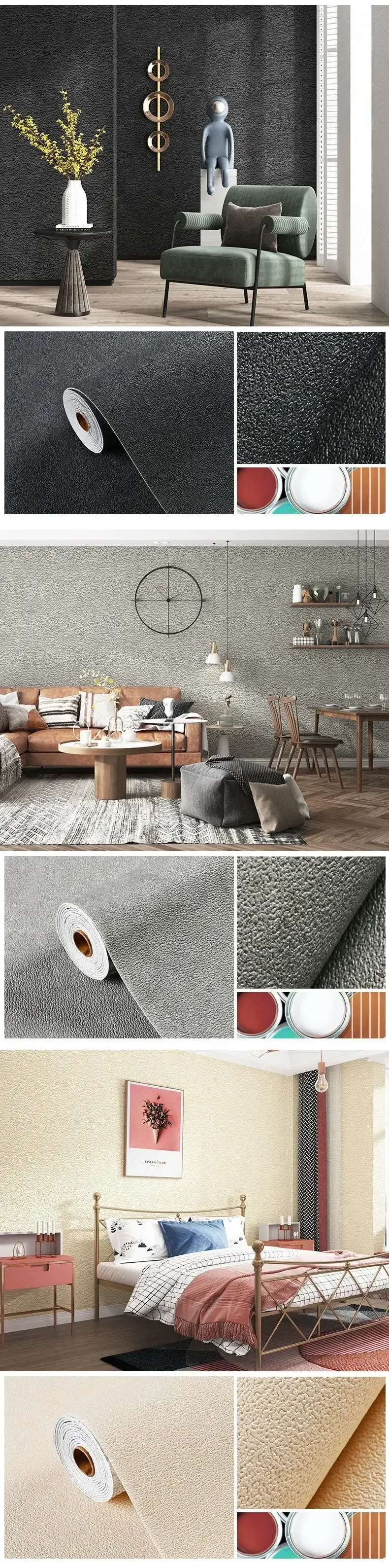 Simples Market Linen 3D Foam self-adhesive PVC wallpaper, solid color, thickened waterproof, beige and gray tones