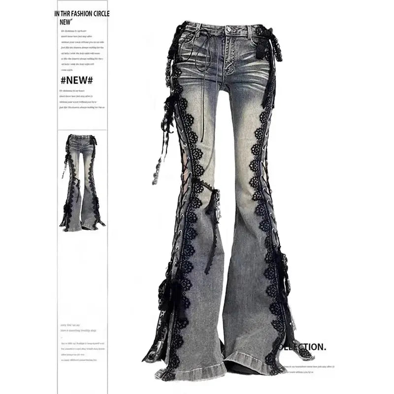 Women Dark Academia Goblin Core Y2K Lace Denim Flare Jeans Bell Bottom