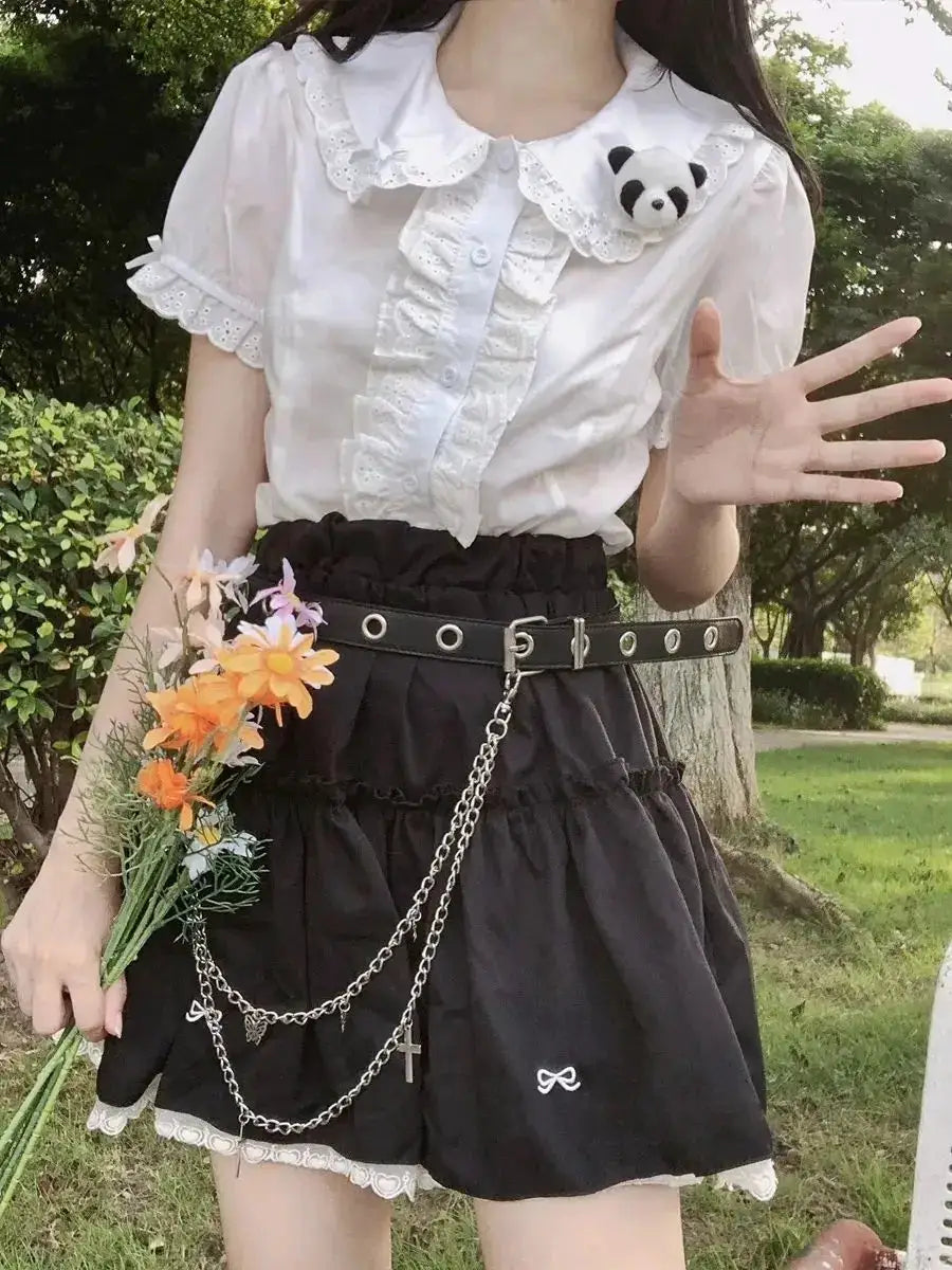 Deeptown lolita blouse in white with lace collar and puff sleeves; two-piece set with black ruffled skirt and chain belt