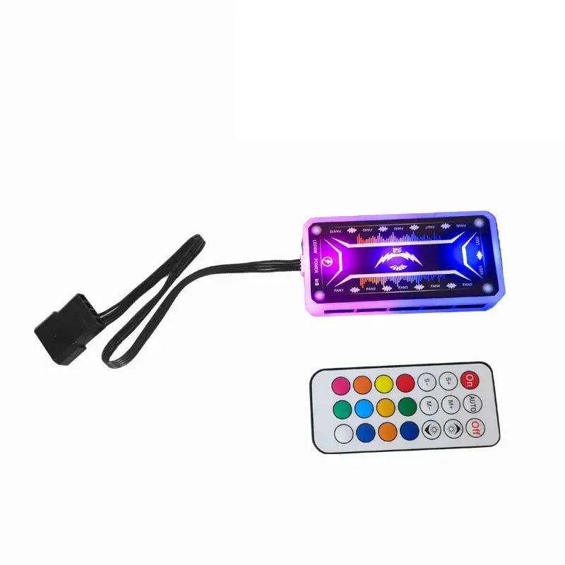 RGB 120mm PC case fan controller by Simples Market with IR remote and blue/purple LED lighting