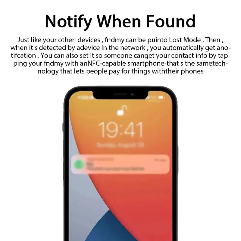 Bluetooth mini tracking device for Apple Find My, shown on an iPhone screen.