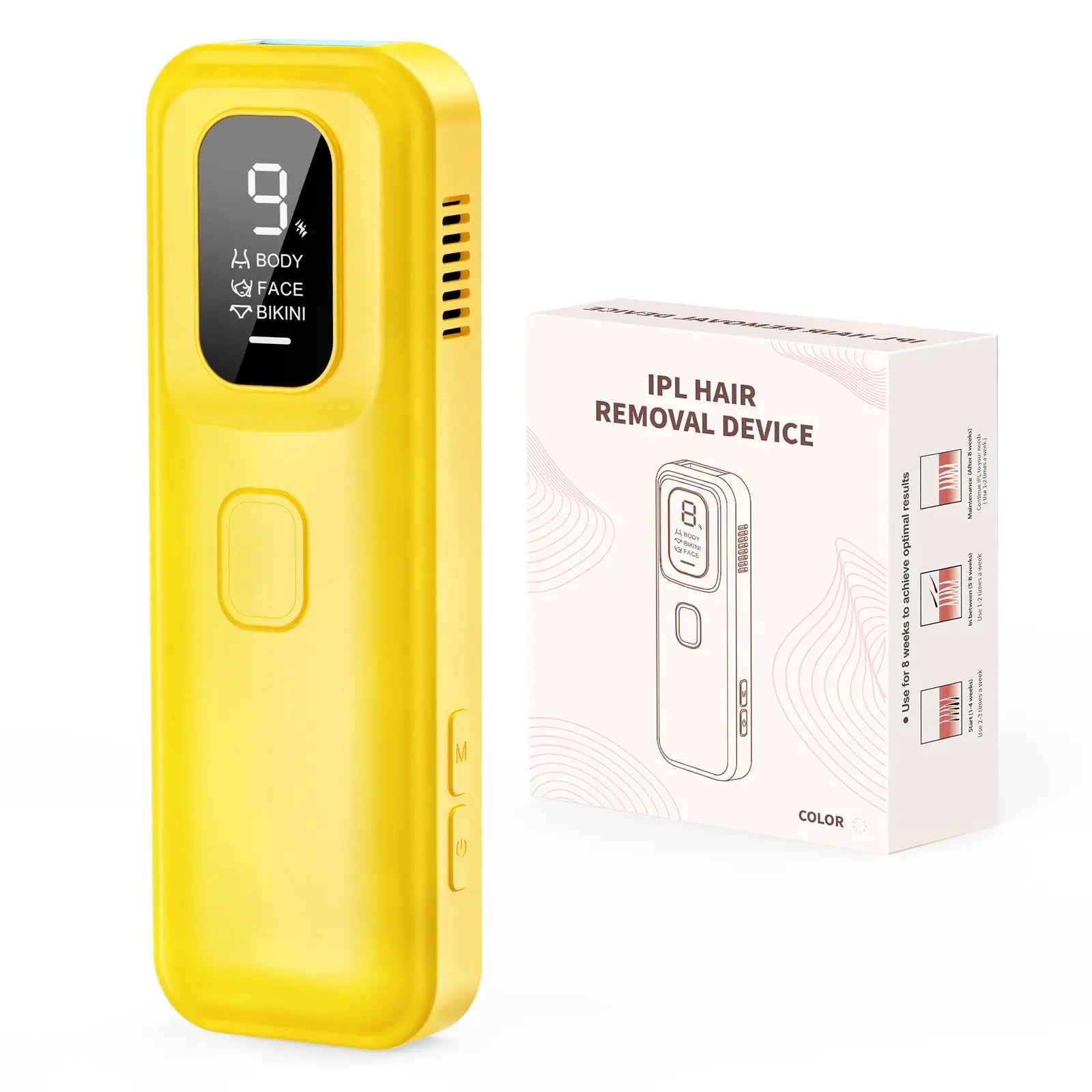 Simples Market IPL Hair Removal Device in yellow with digital display showing body/face/bikini settings beside the box.