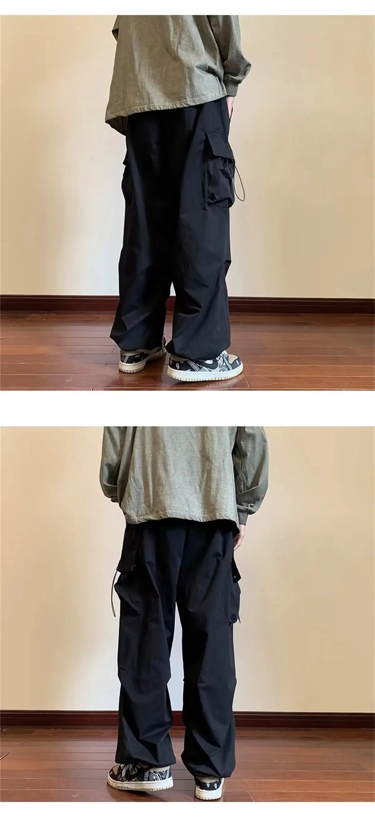 Black cargo harem pants with multiple pockets, loose baggy fit, elastic waist