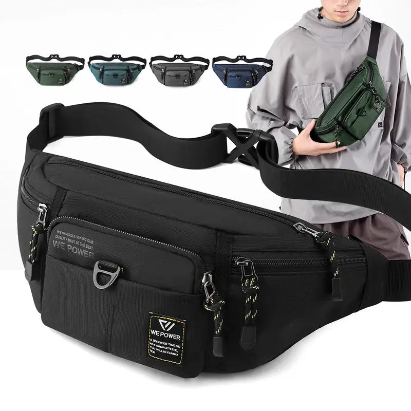 Men's nylon waist fanny pack belt bag with multiple pockets; black with WE POWER patch and adjustable strap
