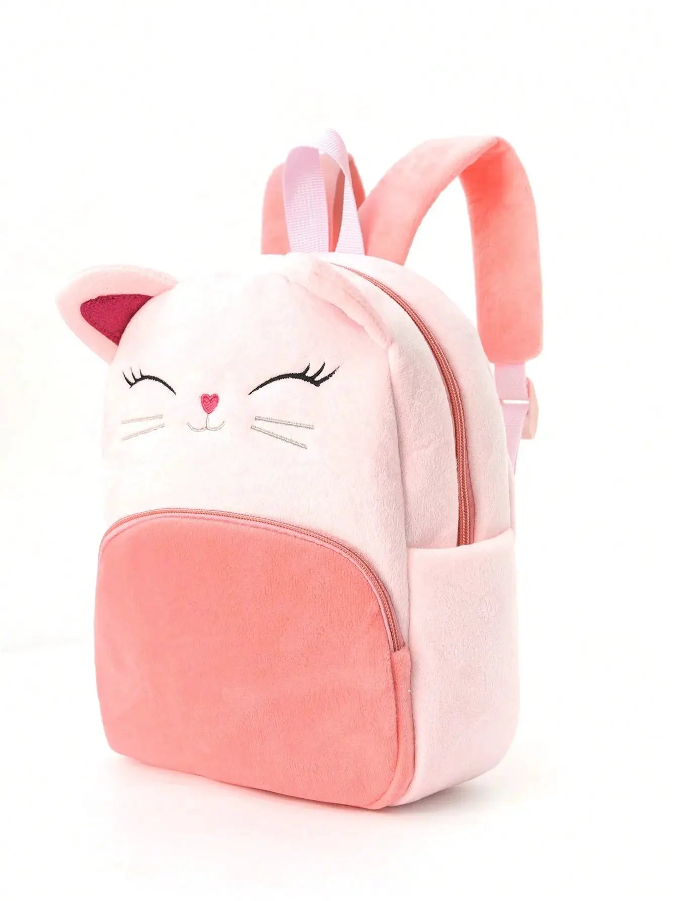 Pink plush cat backpack for kids with ears, embroidered face, and front pink pocket