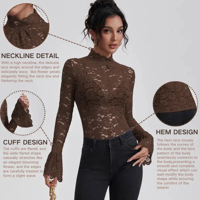 Anfilia lace blouse with turtle neck in brown crochet, long sleeves and hollow-out design