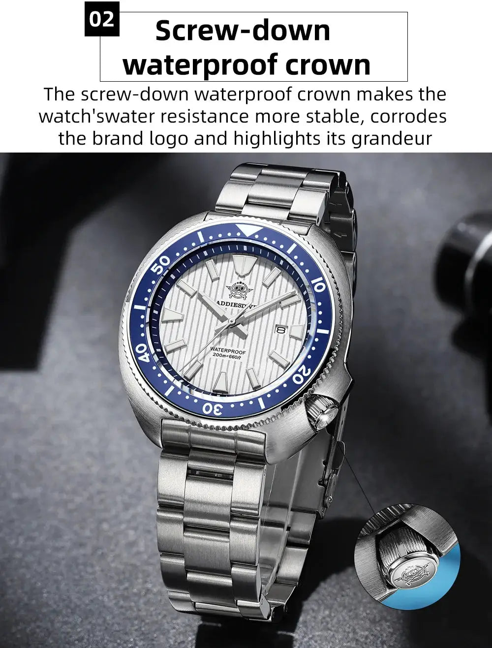 ADDIESDIVE Men's New Outdoor Quartz Watch 200M Diving BGW9 Super Blue Luminous Watch Sapphire Glass Men's Stainless Steel Watch
