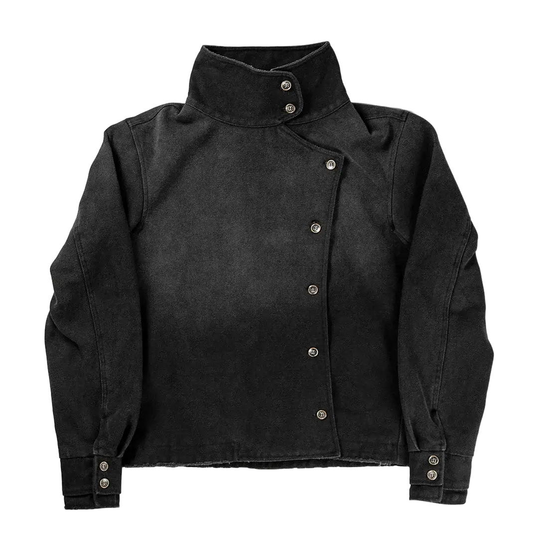 Y2k fencing jacket in black canvas cotton with vintage wash and irregular bronze buttons.