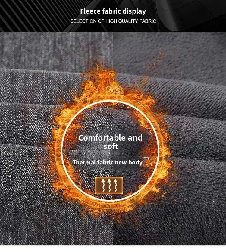 Simples Market men's black warm fleece-lined denim jeans, straight stretch fit, plus size.