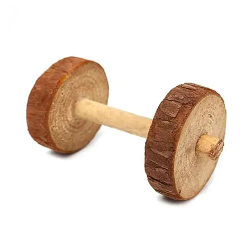 Wooden dumbbell chew toy for small pets, natural pine, two discs on a rod
