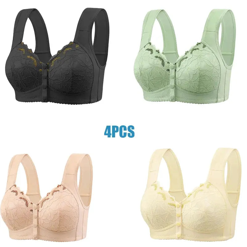 Bra with lace-front closure, soft cotton, no underwire; 4PCS in black/green/peach/cream, extra large