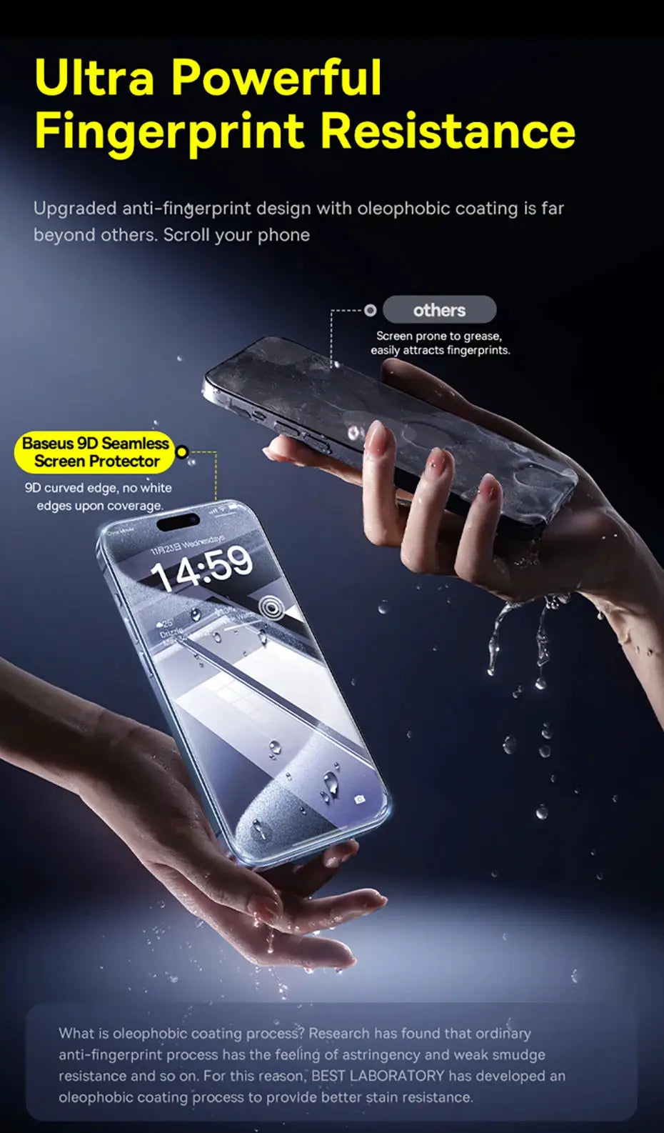 Baseus tempered glass screen protector for iPhone with anti-fingerprint coating and clear edge