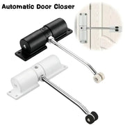 Two automatic door closers, 180° metal, adjustable, heavy-duty; black and white with chrome rods.