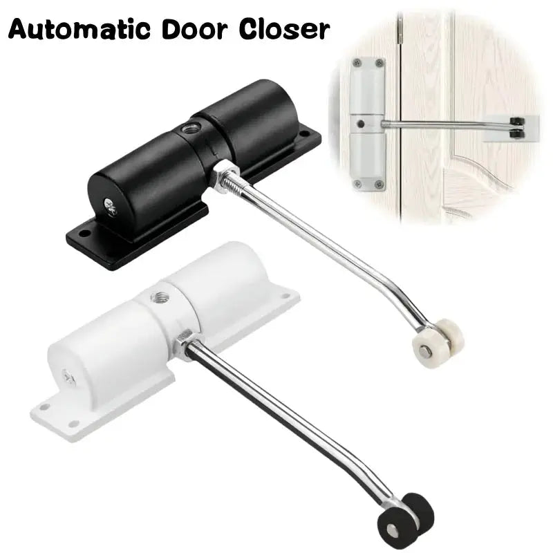 Two automatic door closers, 180° metal, adjustable, heavy-duty; black and white with chrome rods.
