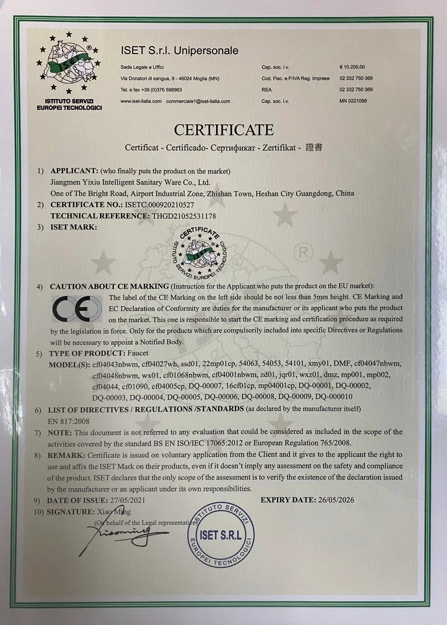 Certificate document from ISET S.r.l. Unipersonale with circular seal and CE mark