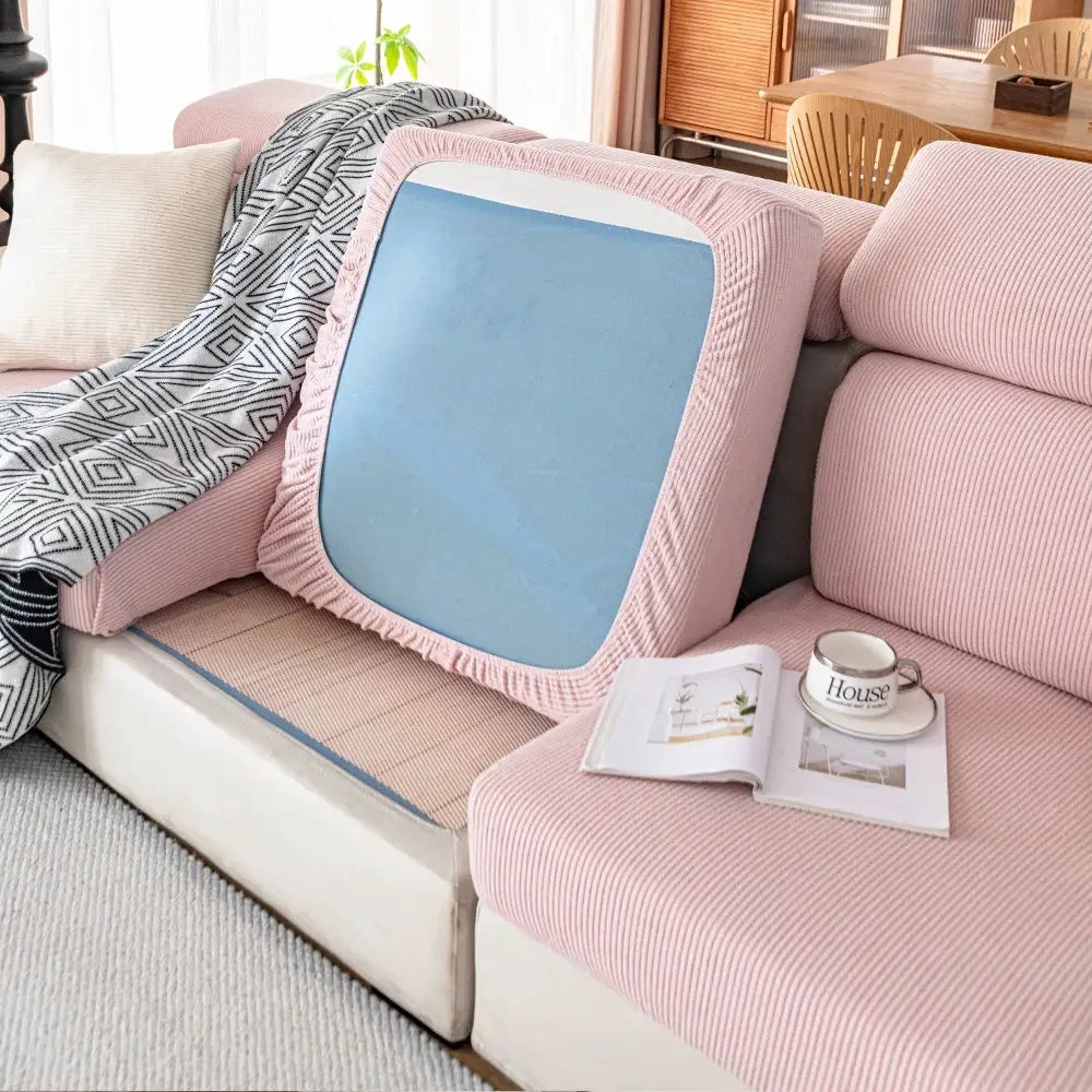 Thickened jacquard sofa seat cushion cover in pink with fringe edge, removable for living room