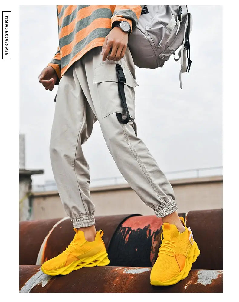 Unisex yellow mesh sneakers by Simples Market with thick sole, casual athletic shoes