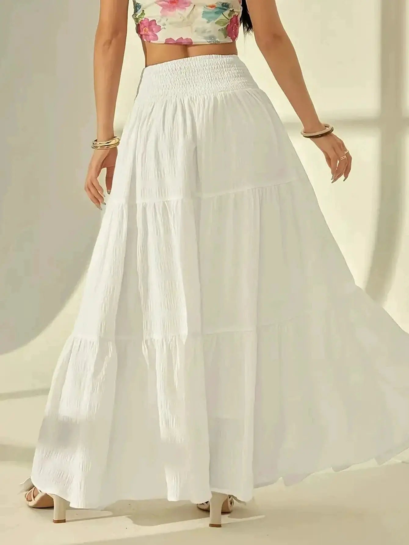 Summer Women White Tiered Maxi Skirt with high-waisted elastic waistband and flowing tiers.