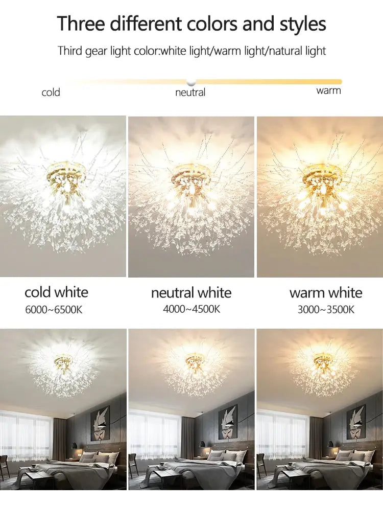 IRALAN crystal LED ceiling lamp with three color temperatures: cold, neutral, warm for living room or bedroom