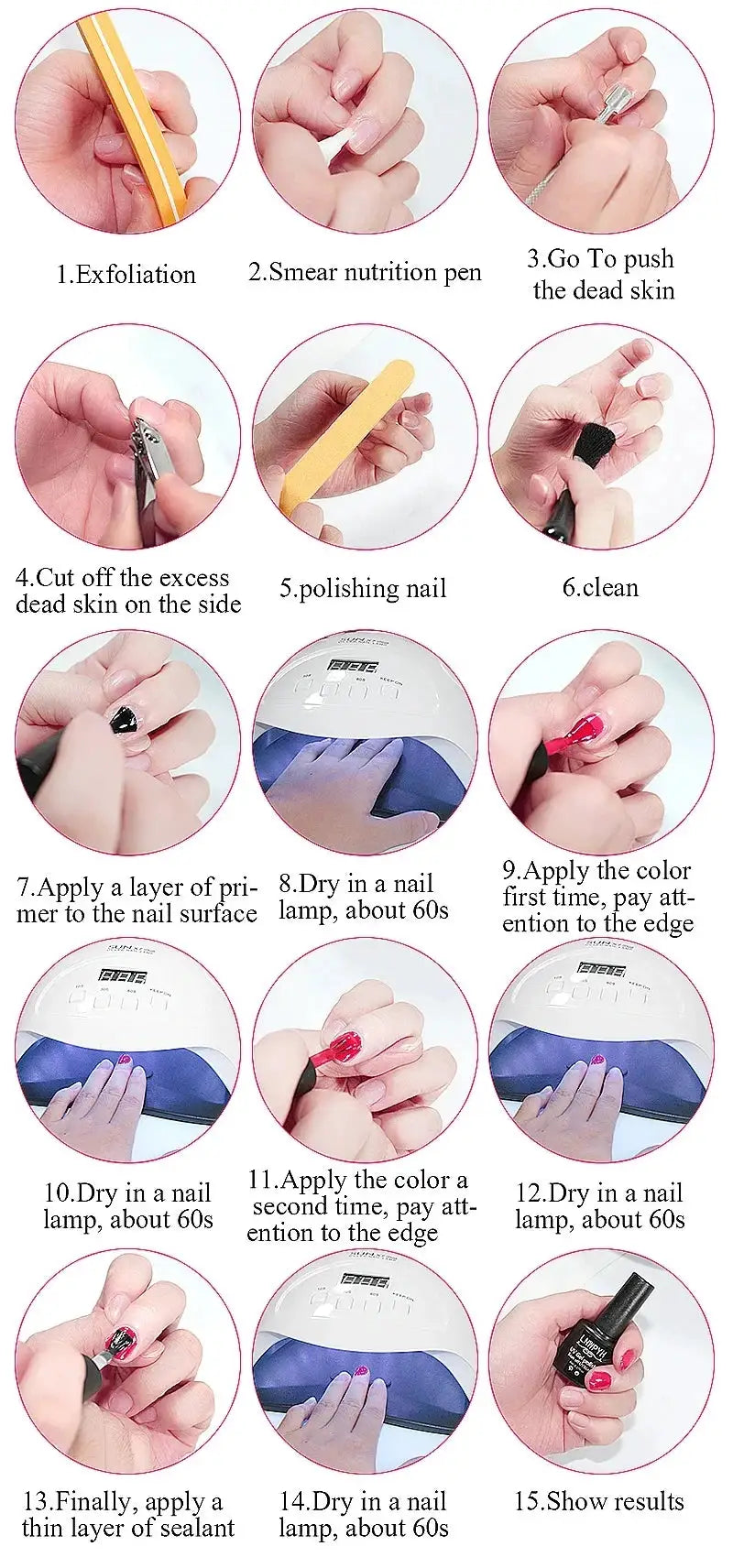 Gel nail polish set, 28-piece by Simples Market, glass bottles, soak-off UV gels in red/pink with top and base coats.