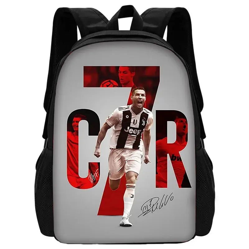 CR7 Ronaldo kids backpack with grey front panel featuring Ronaldo image and red CR7 lettering, black side pockets
