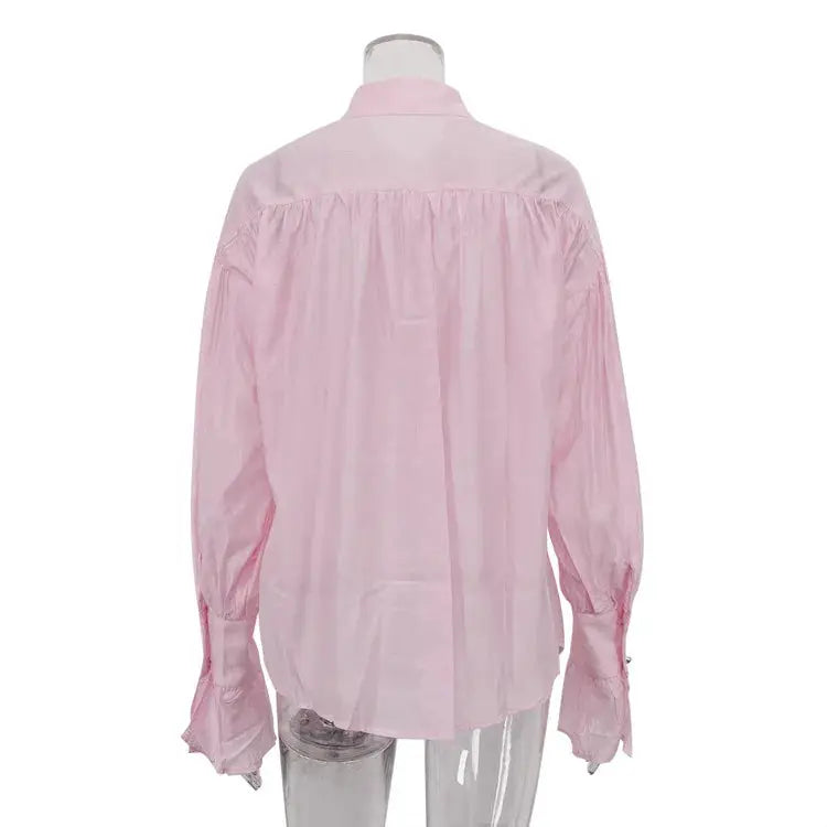 Pink long-sleeve collared shirt with gathered back and flare sleeves