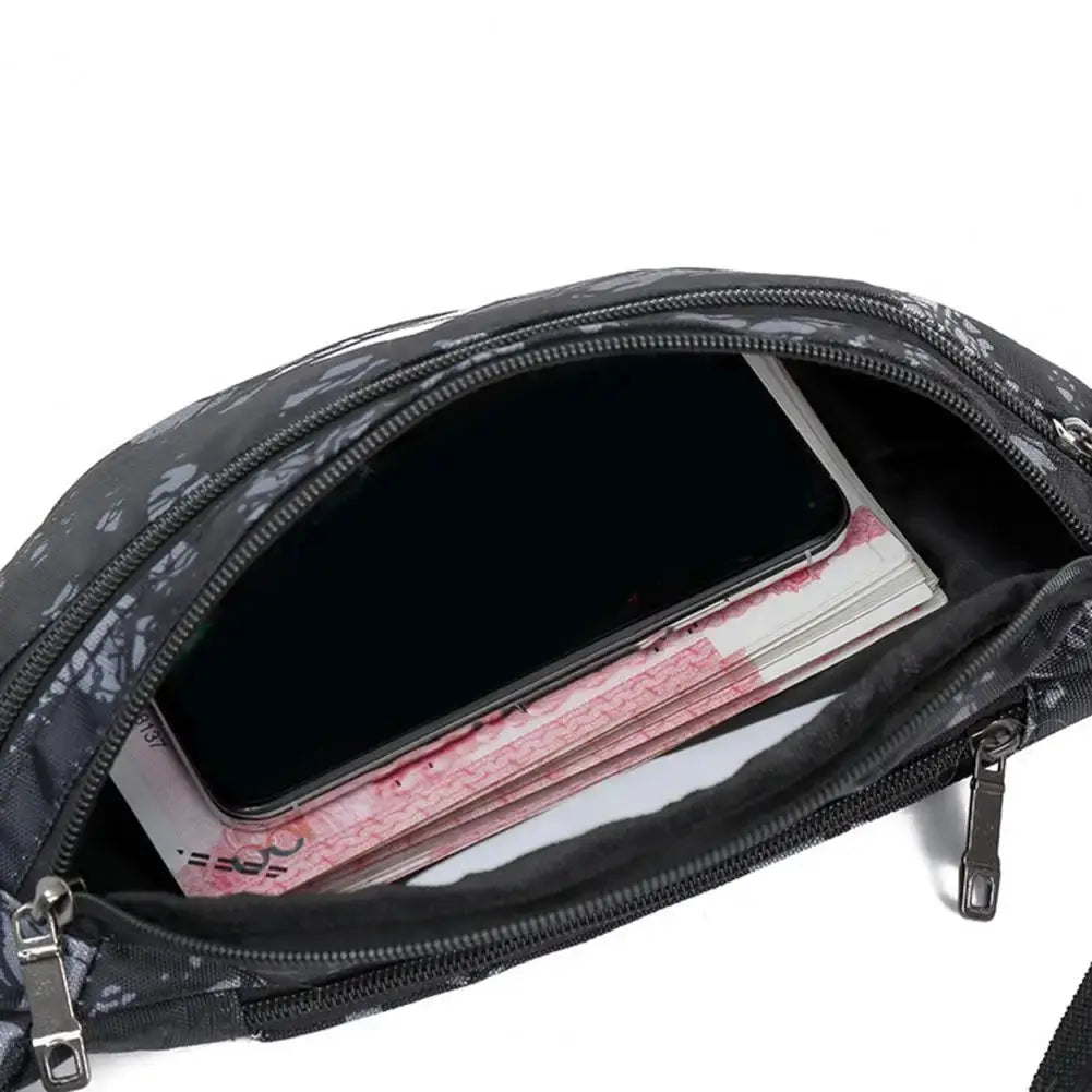 Sports waist pack running belt, black patterned waterproof fanny pack with phone and cash inside