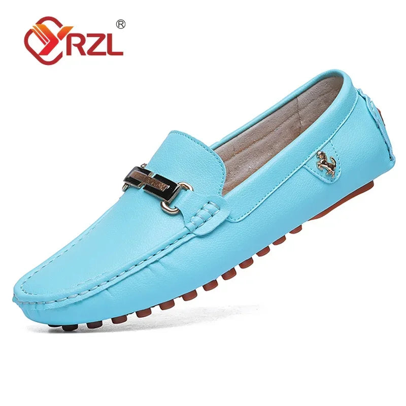 YRZL blue PU leather men's loafer with metal horsebit, slip-on driving moccasin