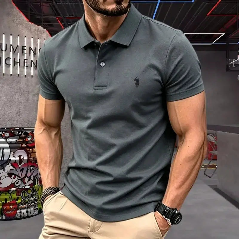 Men's dark grey short-sleeve polo shirt, 100% cotton with small embroidered pony logo