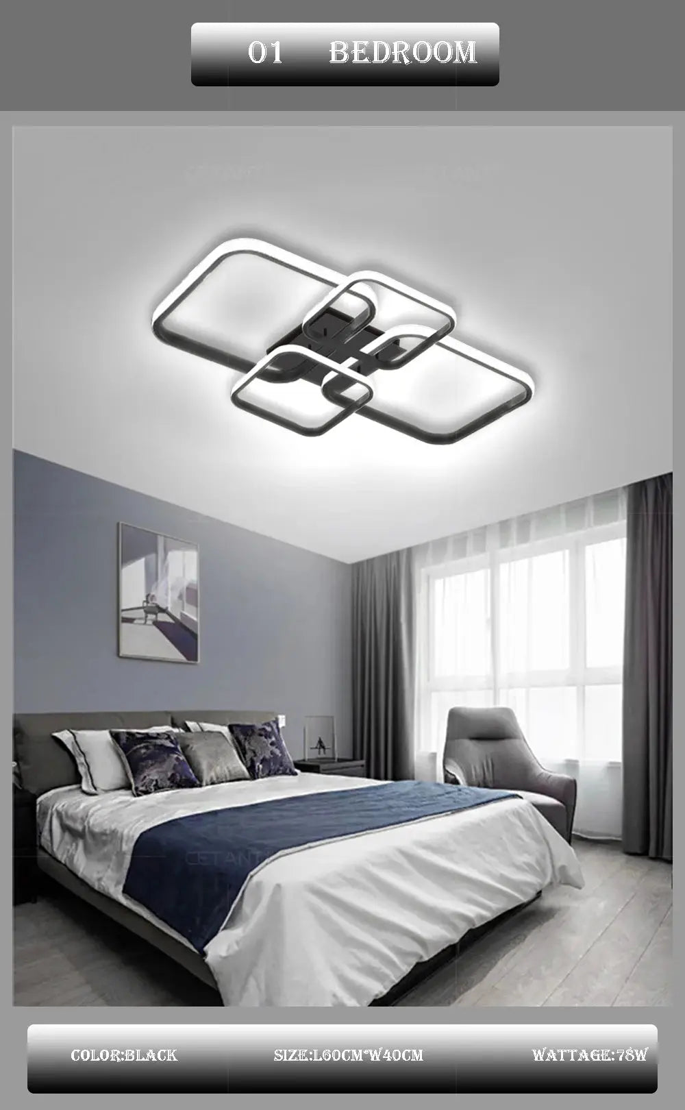 Four-head square LED ceiling light with black frame and white glow, ideal for bedroom